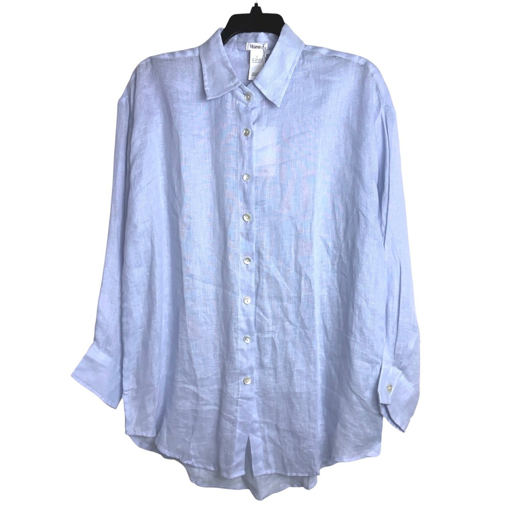 Vitamin A Womens Large 100% Linen Light Blue Long Sleeve Button Front Shirt‎ NWT
